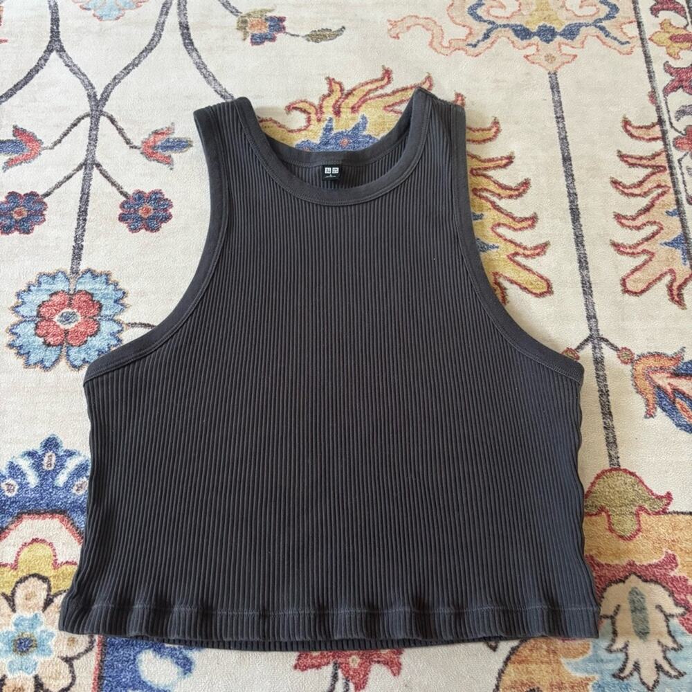 Uniqlo Charcoal Grey Ribbed High Neck Cropped Halter Tank Large Stretchy